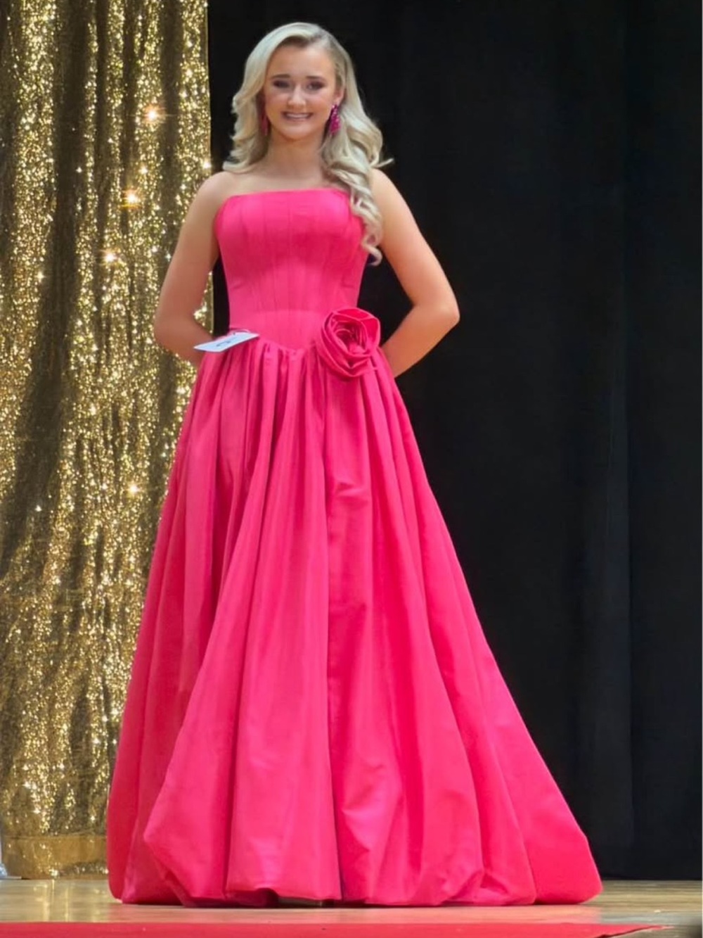 Strapless Hot Pink Formal Ball Gown with Rosette